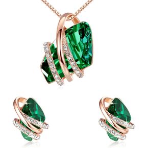 Leafael Wish Stone Necklace and Stud Earrings Jewelry Set for Women, May Birthstone Emerald Green Crystal Jewelry, Silver Tone Gifts for Women