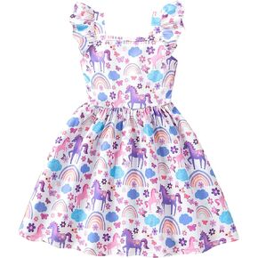 Girls Summer Dresses Unicorn Cotton Ruffle Sleeve Tiered Swing A-Line Dress Cute Midi Casual Sundress for Toddler Kids