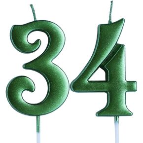Green 34th Birthday Candle, Number 34 Years Old Candles Cake Topper, Woman Or Man Party Decorations, Supplies