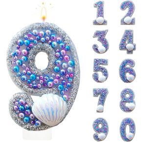 Mermaid Birthday Number Candles,Cake Numeric Candles Sequins Numeral Candle,Mermaid Shell OceanTheme Party Cake Topper Anniversary Party Decor Supplies Number 2 Candle
