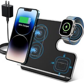 Wireless Charger for iPhone Charging Station: 3 in 1 Aluminum Alloy Charging Stand Multiple Devices for Apple - Detachable Travel Charger for iPhone 15 14 Pro Max 13 12 Watch & Airpods 3 2 Pro