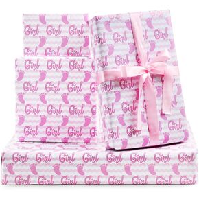 Baby Girl Wrapping Paper, 7 Sheets 20 x 28 inches - It's a Girl Feet Pink White Stripes for Birthday Present, Baby Shower, Gender Reveal Theme