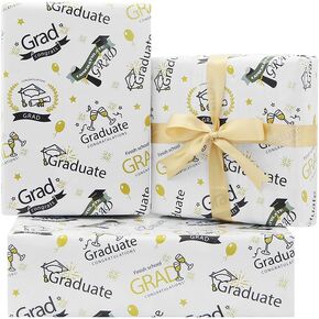 Graduation Gift Wrapping Paper, 4 Sheets White and Gold Grad Gift Wrap Papers 20 x 28 Inch With 1 Rolls Gold Ribbon, 2024 Wrapping Paper for Ceremony Party Grade Class Celebrations Graduation Party