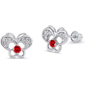 925 Sterling Silver Rhodium Plated Red Butterfly Cubic Zirconia Screwback Baby Girls Earrings