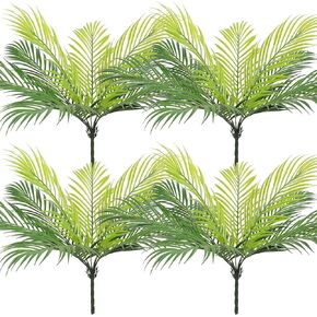 TOCHGREEN 4 PCS Artificial Tropical Palm Leaves Plastic Shrubs Fern Leaves Fake Greenery Palm Plants with Stems Jungle Palm Tree Leaves for Home Garden Hawaiian Party Table Decor