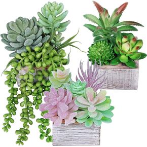 Set of 3 Assorted Small Potted Succulents Plants Decoration Assorted Green Fake Succulents Plants in Rustic Wooden Pots for Home Living Room Bathroom Table Shelf Windowsill Office Desk Indoor Decor