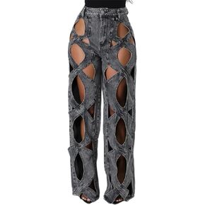 SHINFY Women's Baggy Jeans Y2K Criss Cross Cut Out Denim Pants High Waisted Straight Leg Flare Jeans Streetwear