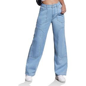PLNOTME Womens High Waisted Cargo Jeans Wide Leg Boyfriend Baggy Denim Pants with Pockets