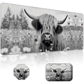 Large Gaming Mouse Pad + Mouse Wrist Cushion + Coaster,Black Non-Slip Rubber Base Ergonomic Mouse Wrist Cushion, Extended Mouse Mat Desk Pad for Work, Game, Office,Highland Cow Ox Cattle