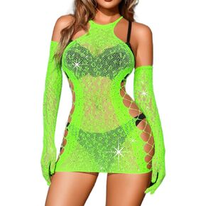 Women Sexy Exotic Dancewear, Sparkly Rhinestone Top Fishnet Bodycon Mini Dress Sheer Lingerie, Party Club Rave Outfit