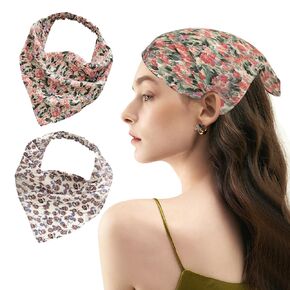 Hair Bandanas for Women,2Pcs Boho Hair Scarf Floral Elastic Headbands with Clips Non Slip Chiffon Triangle Kerchief