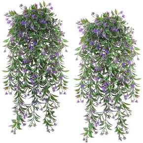 TOCHGREEN 4Pcs Artificial Hanging Plants Fern Vine, Faux Plastic Plants Fake Ivy Vine Greenery Garland with Purple Flower, Outdoor Indoor Decorations for Living Room Balcony Garden Wall Home Decor