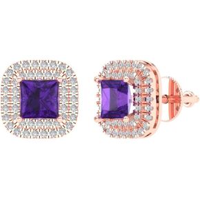 2.46 ct Brilliant Princess Cut Halo Studs Natural Amethyst 14k Rose Gold Designer Earrings Screw back