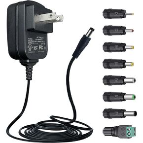 UL Listed 12V 1A 5ft Power Adapter with 8 Interchangeable Tips, AC to DC 1000mA 12W Regulated Power Supply Cord for LED Strip Lights BT Speaker Router Webcam CCTV Camera and More