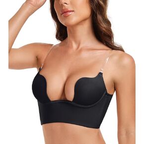 JOATEAY Deep Plunge Low Back Bra for Women Backless Underwire Padded Bra with Convertible Clear Straps