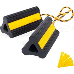Wheel Chocks Rubber Heavy Duty Trailer Wheel Chocks with Red Reflective Visibility Tape and Yellow Nylon Rope 8.27" x 4.53" x 3.94" (Comes with Spare Red Reflective Strip)