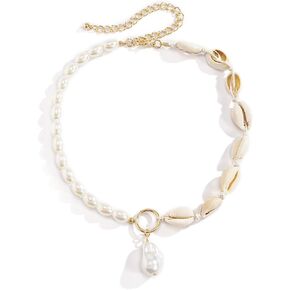 Shell Necklace Natural Pearl Choker Necklace Adjustable Seashell Necklac Handmade Shell Clavicle Necklace Summer Hawaiian Style Braided Rope Natural Shell Necklace Boho Beach Jewelry for Women Girls