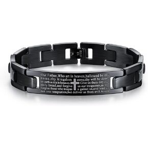 Men's Punk Rock Bible Verse Wristband Stainless Steel Lord's Prayer Cross Link Chain Bracelet