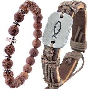 Couples bracelets for Him and Her or Best Friends Adjustable Wood Bead Cross and Leather Sign Of The Fish Wrap | Confirmation Gifts for Boys, Sponsor, or Christian Men, Easter Present for guys