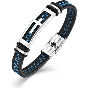 Mens Bracelet Stainless Steel Leather Braided Cuff Cross Cruxifix Jesus Christ Faith Religious Bracelet Wristband Punk Jewelry for Men/Father/Friends/Brother