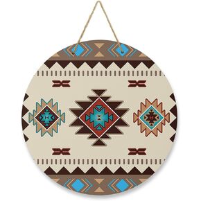 Welcome Sign Front Door Decoration, Native Americans in The US Totem Indian Style Geometric 12 Inch Round Wooden Wreaths Wall Hanging Outdoor Indoor,Housewarming Gift for Porch Holiday Decor