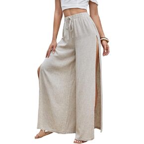 WDIRARA Women's Tie Front Elastic Waist Split Side Wide Leg Casual Pants