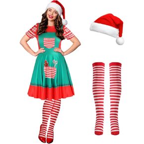 Hillban 3 Pcs Christmas Elf Costume Set Womens Short Sleeve Christmas Dress Thigh High Socks Santa Hat