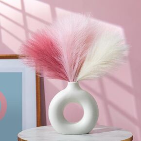 Serwalin 𝙋𝙖𝙢𝙥𝙖𝙨 𝙂𝙧𝙖𝙨𝙨 𝙬𝙞𝙩𝙝 𝙑𝙖𝙨𝙚 16.5 Inch 6pcs, Pampas Grass Decor with Ceramic Donut Vase, Table Centerpieces Pampas Grass with vase Included, Black and White Decor