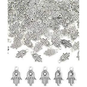 JIALEEY 100PCS Antique Silver Hamsa Hand of Fatima Symbol Charms Hamsa Hand Beads Frame Charms for Jewelry Making Findings DIY Necklace Bracelet