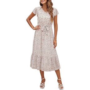 Manydress Womens Summer Casual Flutter Sleeve V Neck Dresses Chiffon Floral Print Ruffle Boho Midi Dress with Belt MY115