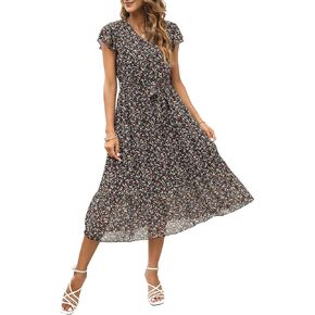 Manydress Womens Summer Casual Flutter Sleeve V Neck Dresses Chiffon Floral Print Ruffle Boho Midi Dress with Belt MY115