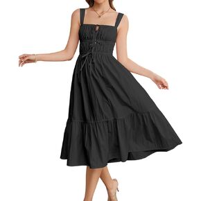 GLNEGE Women's Summer Midi Dress Casual Flowy Sleeveless Dresses 2024 Square Neck Solid Color A Line Sundresses
