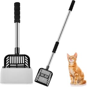 32 Inch Cat Litter Scooper Metal Long Handle with Cat Litter Scoop Holder Deep Cat Sifter Shovel Detachable Stainless Steel Litter Sifter Scooper Caddy Kitty Litter Scooper with Box for Cat (Black)