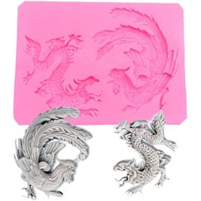 Chinese Zodiac Dragon and Phoenix Silicone Molds for DIY Cake Fondant Biscuit Cookies Soap Sugar Pudding Chocolate Hard Candies Dessert Candle Decor (A) in Kuwait