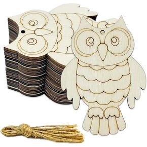 30 pcs 4 Inch Unfinished Owl Wood Cut Out Owl Wood DIY Crafts Cutouts Blank Wooden Owl Shaped Ornaments with Hole Hemp Ropes Gift Tags for Wedding Birthday Christmas Party Decorations