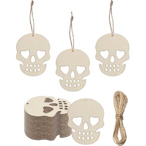 30pcs Mini Skull Wood DIY Crafts Cutouts 2" Blank Wooden Skull Shaped Hanging Tags with Jute Twines for DIY Projects Halloween Party Decorations (Small Size)