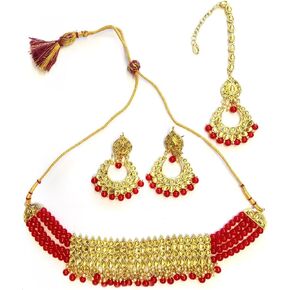 Aheli Beautiful Handcrafted Maang Tikka with Earrings Necklace Set Kundan Jewelry Set Champagne with Beads for Women