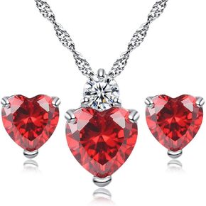 AILUOR White Gold Plated Simulated Ruby Crystal Heart Necklace and Stud Earrings Set - Queen of Hearts Pendant Jewelry Set Silver Chain January Birthstone Evie Red Heart Jewelry Gifts for Women