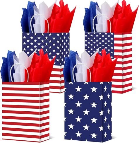 72 قطعة من أكياس الهدايا الوطنية من Kacctyen بمقبض مع 72 قطعة من المناديل الورقية باللون الأحمر والأبيض والأزرق وأكياس هدايا العلم الأمريكي في الرابع من يوليو لمستلزمات الحفلات في يوم الاستقلال in Kuwait