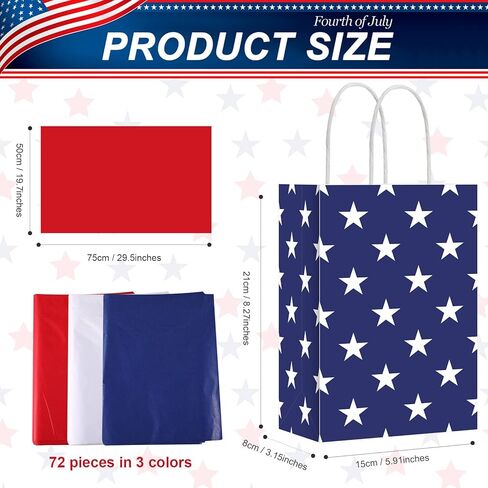 72 قطعة من أكياس الهدايا الوطنية من Kacctyen بمقبض مع 72 قطعة من المناديل الورقية باللون الأحمر والأبيض والأزرق وأكياس هدايا العلم الأمريكي في الرابع من يوليو لمستلزمات الحفلات في يوم الاستقلال in Kuwait