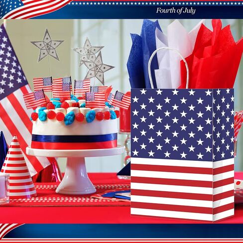 72 قطعة من أكياس الهدايا الوطنية من Kacctyen بمقبض مع 72 قطعة من المناديل الورقية باللون الأحمر والأبيض والأزرق وأكياس هدايا العلم الأمريكي في الرابع من يوليو لمستلزمات الحفلات في يوم الاستقلال in Kuwait