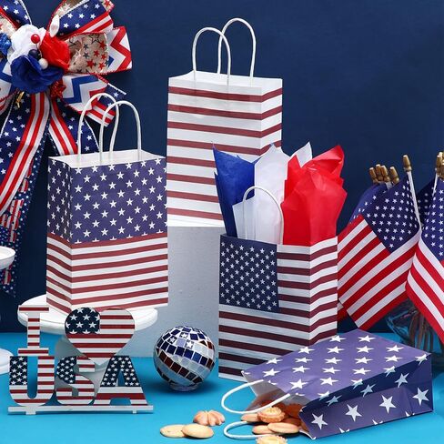 72 قطعة من أكياس الهدايا الوطنية من Kacctyen بمقبض مع 72 قطعة من المناديل الورقية باللون الأحمر والأبيض والأزرق وأكياس هدايا العلم الأمريكي في الرابع من يوليو لمستلزمات الحفلات في يوم الاستقلال in Kuwait