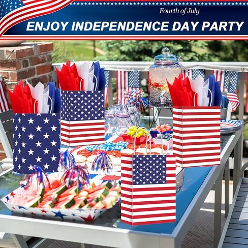 72 قطعة من أكياس الهدايا الوطنية من Kacctyen بمقبض مع 72 قطعة من المناديل الورقية باللون الأحمر والأبيض والأزرق وأكياس هدايا العلم الأمريكي في الرابع من يوليو لمستلزمات الحفلات في يوم الاستقلال in Kuwait