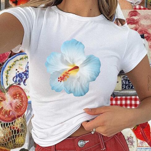 Women Y2K Aesthetic Graphic Baby Tees Short Sleeve Crewneck Fitted Crop Tops Teen Girl Summer Vintage White T Shirt in Saudi Arabia