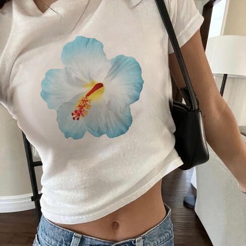 Women Y2K Aesthetic Graphic Baby Tees Short Sleeve Crewneck Fitted Crop Tops Teen Girl Summer Vintage White T Shirt in Saudi Arabia