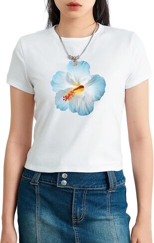 Women Y2K Aesthetic Graphic Baby Tees Short Sleeve Crewneck Fitted Crop Tops Teen Girl Summer Vintage White T Shirt in Saudi Arabia