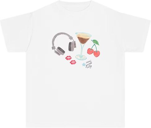 Women Y2K Aesthetic Graphic Baby Tees Short Sleeve Crewneck Fitted Crop Tops Teen Girl Summer Vintage White T Shirt in Saudi Arabia