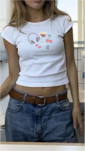 Women Y2K Aesthetic Graphic Baby Tees Short Sleeve Crewneck Fitted Crop Tops Teen Girl Summer Vintage White T Shirt in Saudi Arabia
