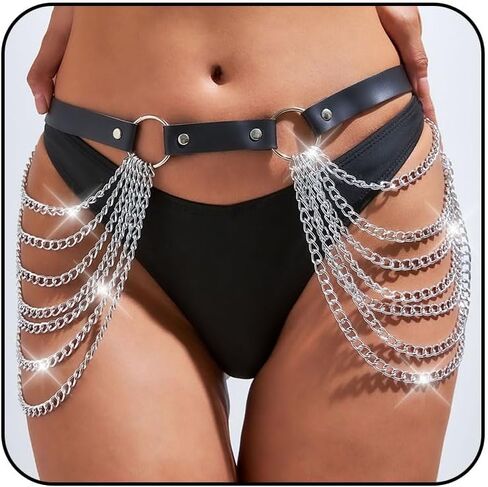 حزام سلسلة الخصر من الجلد البانك، سلاسل الجسم ذات الطبقات السوداء، مجوهرات الجسم للنساء والفتيات in Kuwait