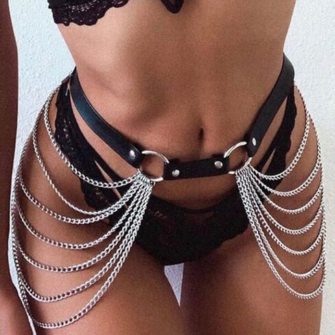 حزام سلسلة الخصر من الجلد البانك، سلاسل الجسم ذات الطبقات السوداء، مجوهرات الجسم للنساء والفتيات in Kuwait